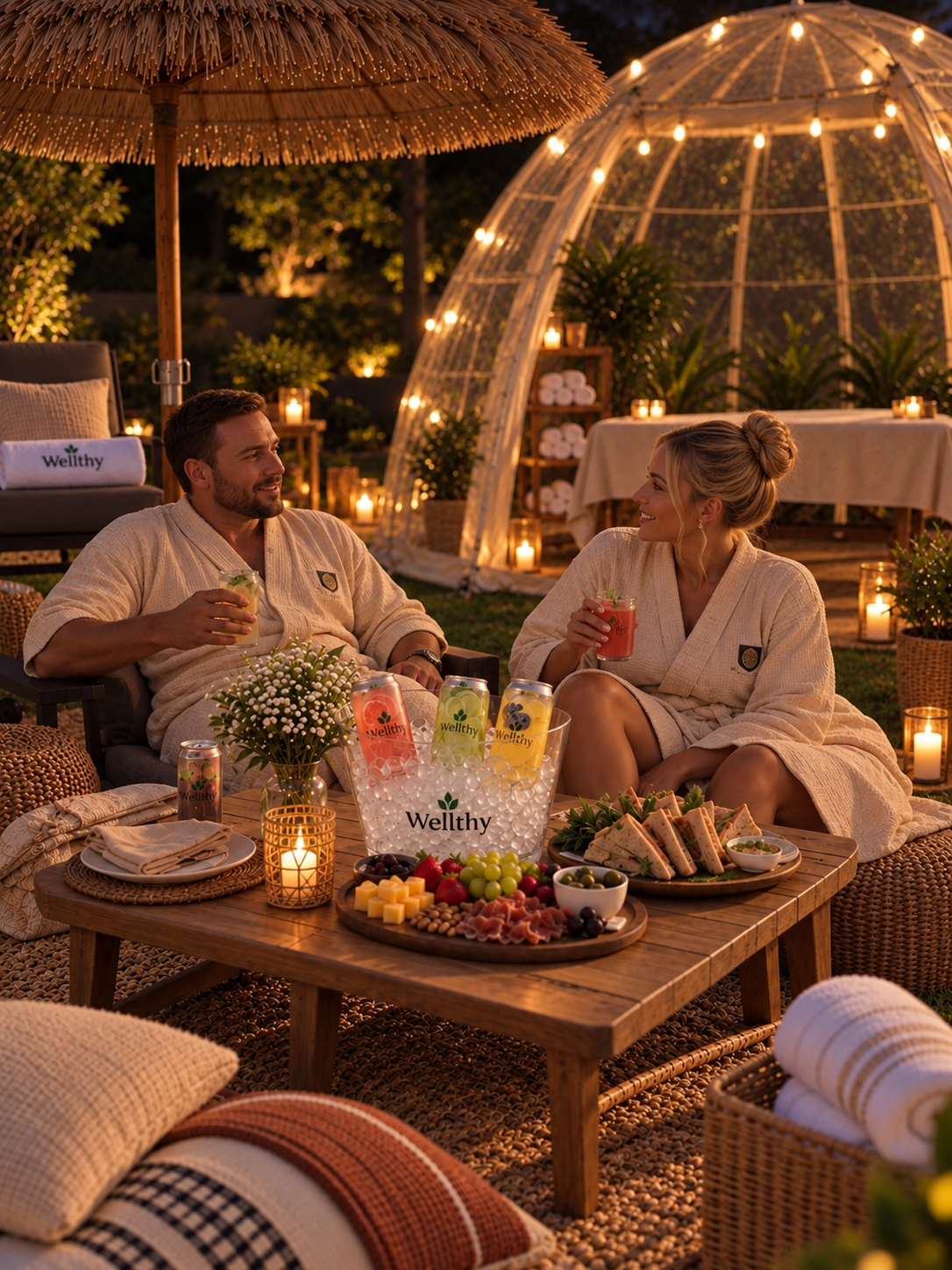 A couple enjoying Wellthy drinks and a grazing table at their evening garden spa