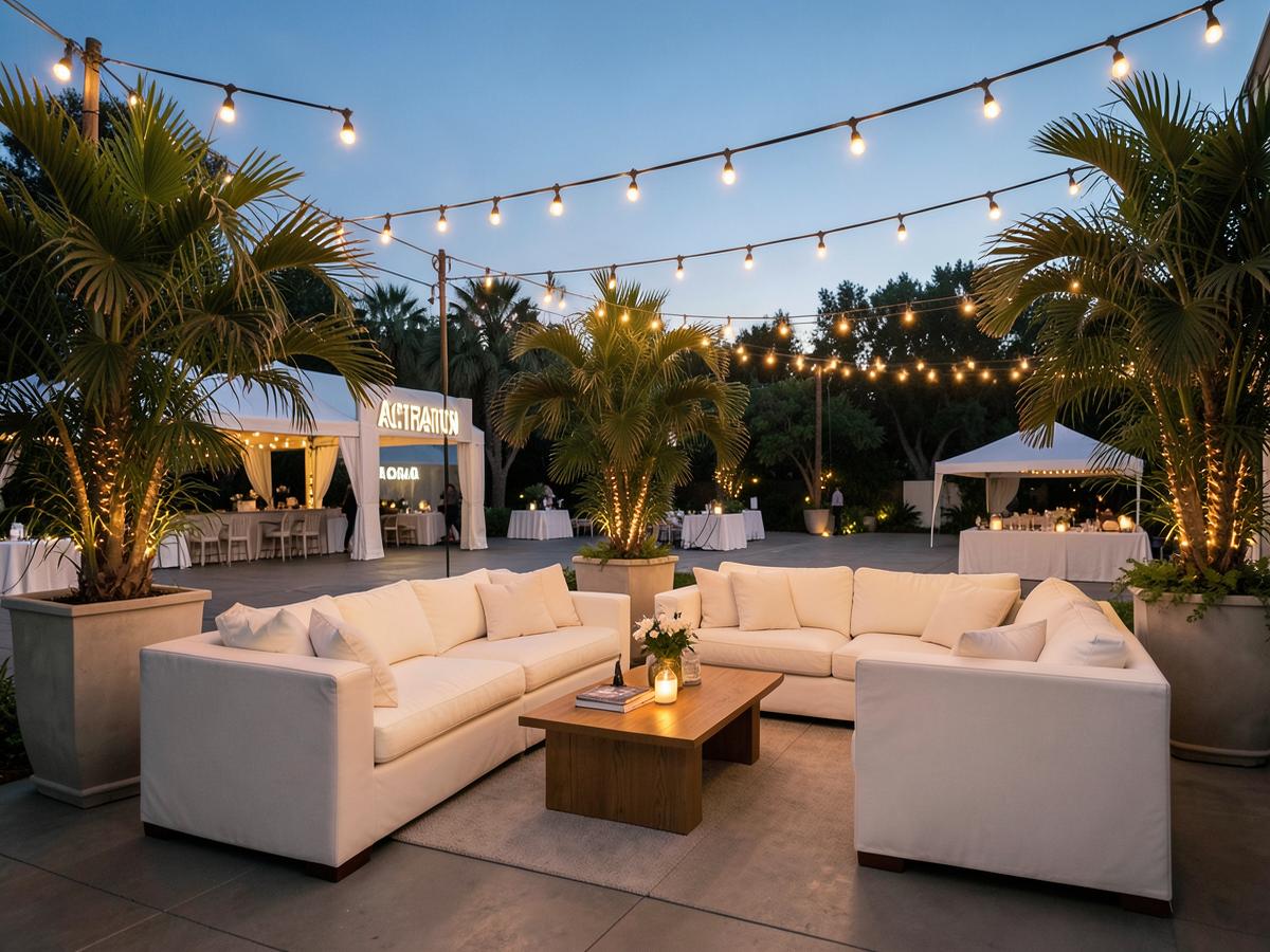 An Experio brand activation lounge at dusk