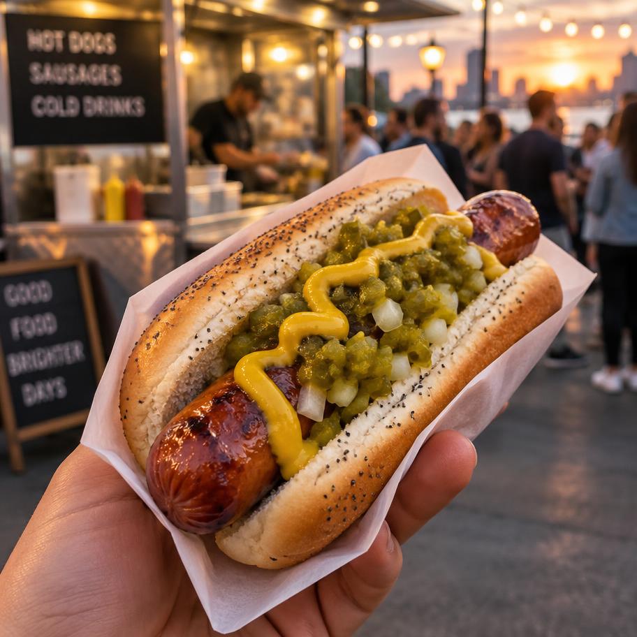 A gourmet hot dog served from an Experio food cart